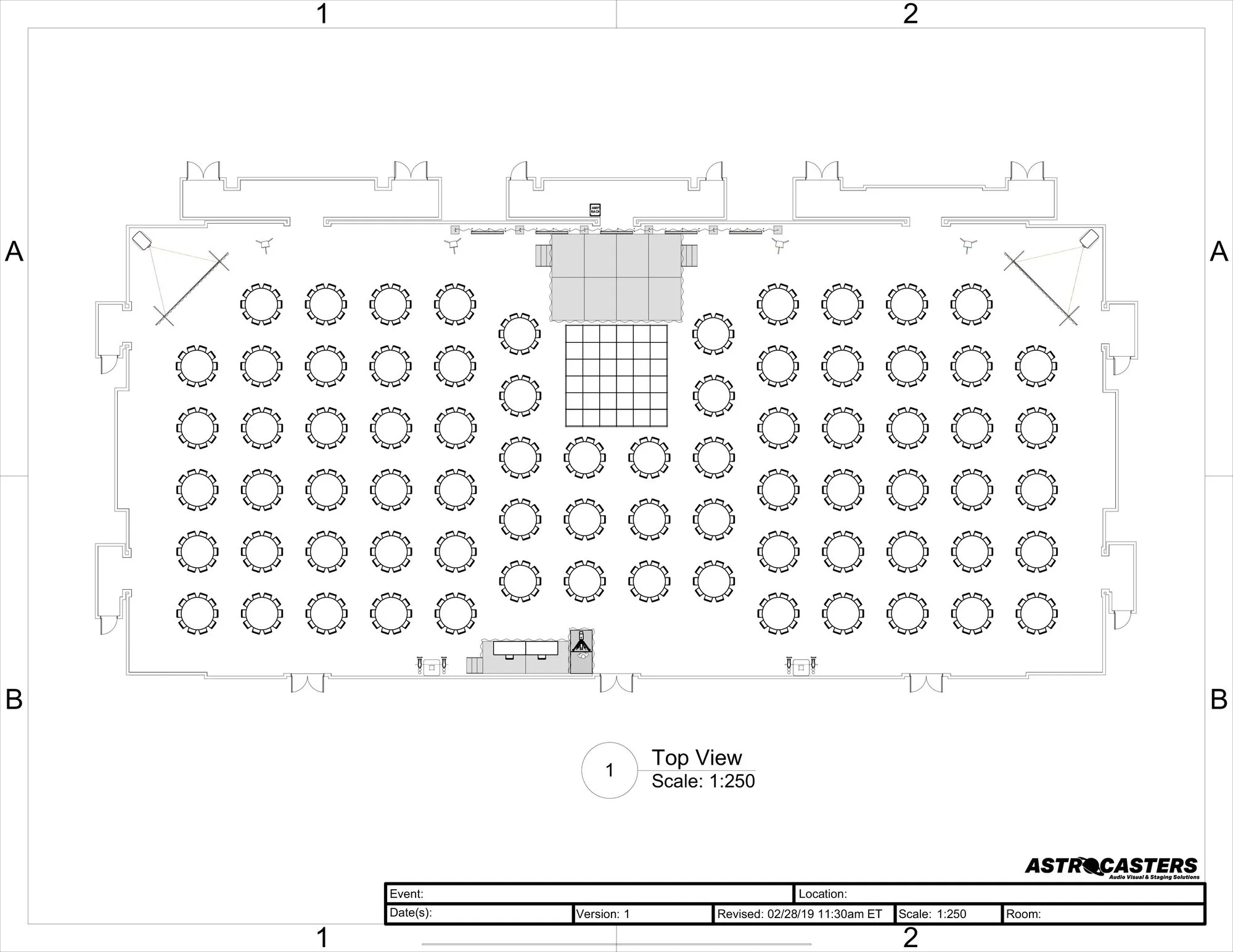 A CAD floor plan of a ballroom: round banquet tables around a central dance floor, with the stage and screens at one end.