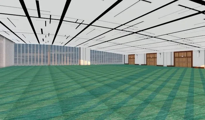 A 3D render of an empty ballroom interior with a patterned carpet, used to plan an event layout.